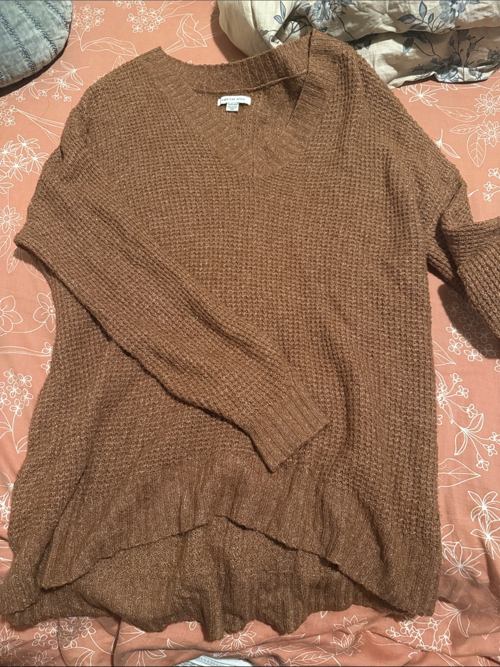 American Eagle Outfitters Copper Brown V-Neck Waffle Knit Sweater
